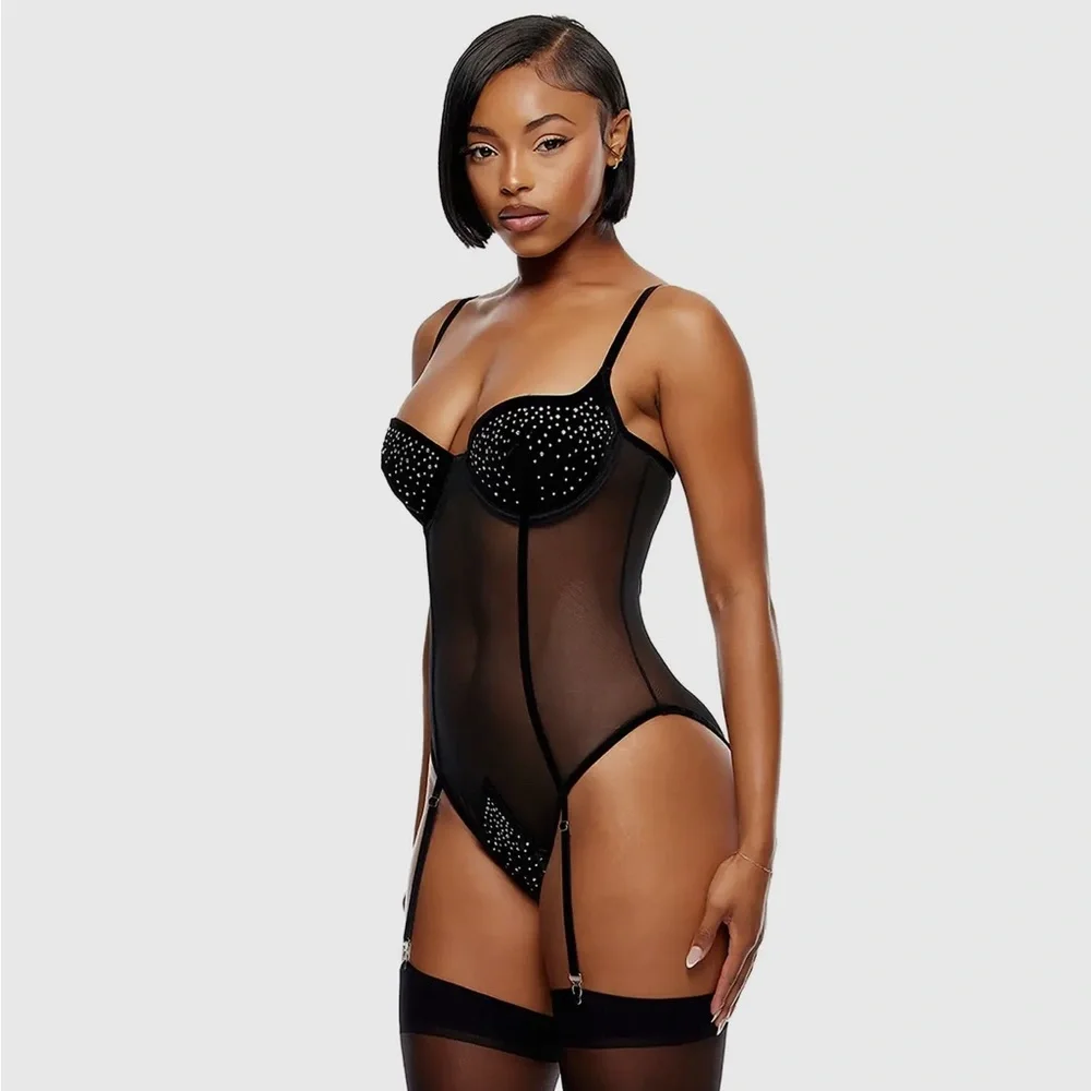 STUNNING! Black Velvet Rhinestone Sheer Bodysuit - Picture 2 of 7